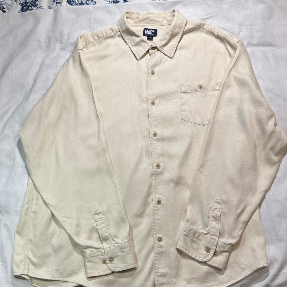 Lands' End Long Sleeve Button Up Shirt Cream 2XL Classic Casual